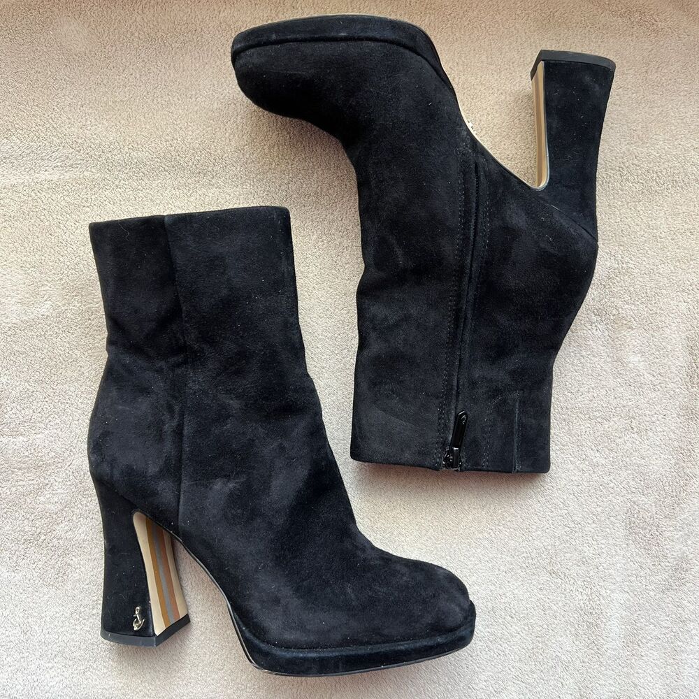 Sam Edelman Jaye Black Suede Heeled Platform‎ Boots Booties Women's 6 Side Zip